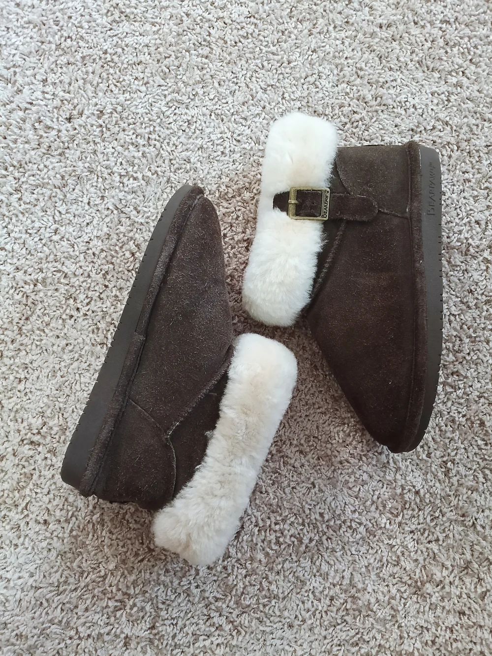 BearPaw Brown Suede Ankle‎ Booties with Cream Faux-Fur Cuff